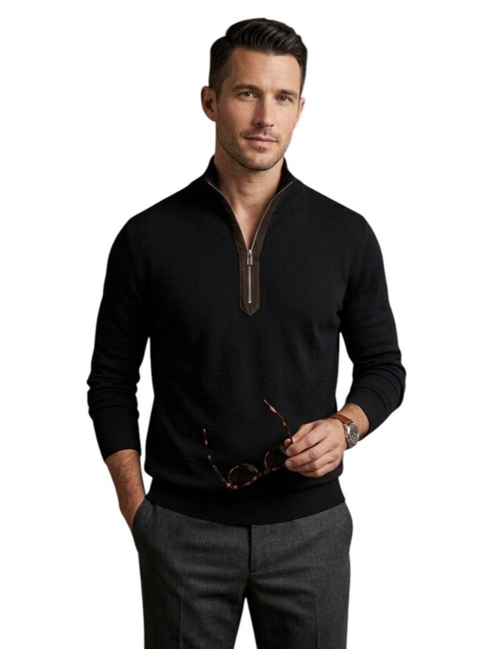 Ermenegildo Zegna Black 100% Wool 1/4 Zip Sweater Leather Trim Men's Medium / 50